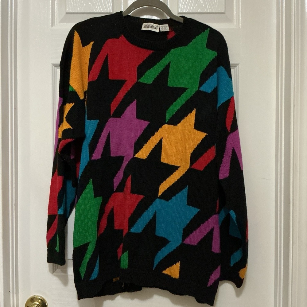 Suburbans Sweater Vintage Knit 80's XL Black Blue Magenta Red Abstract Print EUC